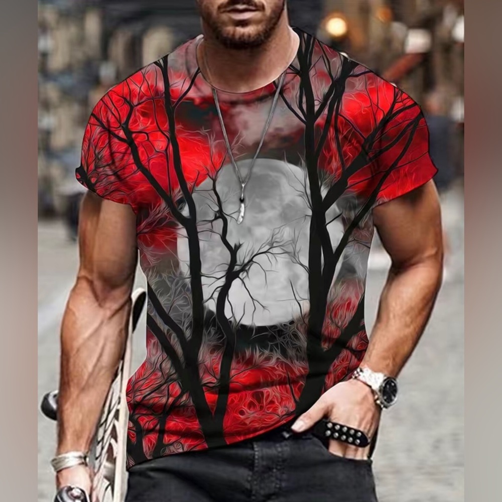 New Men”s Short Sleeve Fall Silky Shirt. Red with Black and White Size Large 40